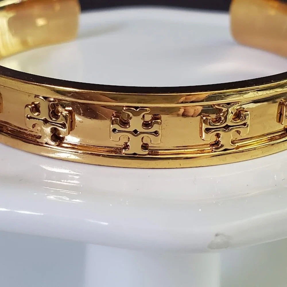 TORY BURCH Raised Logo Cuff Bracelet Gold Tone Double T Designer Classic